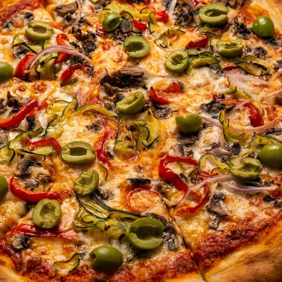 A freshly baked vegetarian pizza with olives, mushrooms, peppers, and onions on a wooden board.