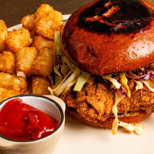 Crispy fried chicken sandwich with coleslaw, tater tots, and a side of ketchup on a plate.