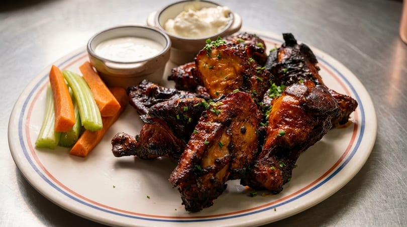 Glazed chicken wings with chives, served with celery, carrots, and two dipping sauces.
