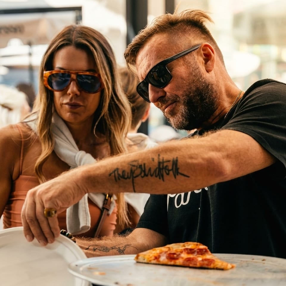 A man serves a slice of pepperoni pizza to a woman at an outdoor event.