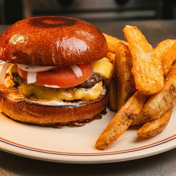 Cheeseburger with tomato, onion, and melted cheese, served with a side of seasoned potato wedges.