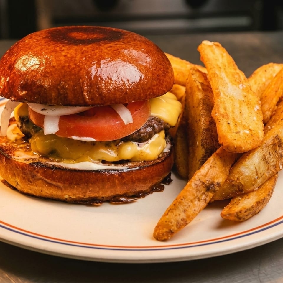 Cheeseburger with tomato, onion, and melted cheese, served with a side of seasoned potato wedges.