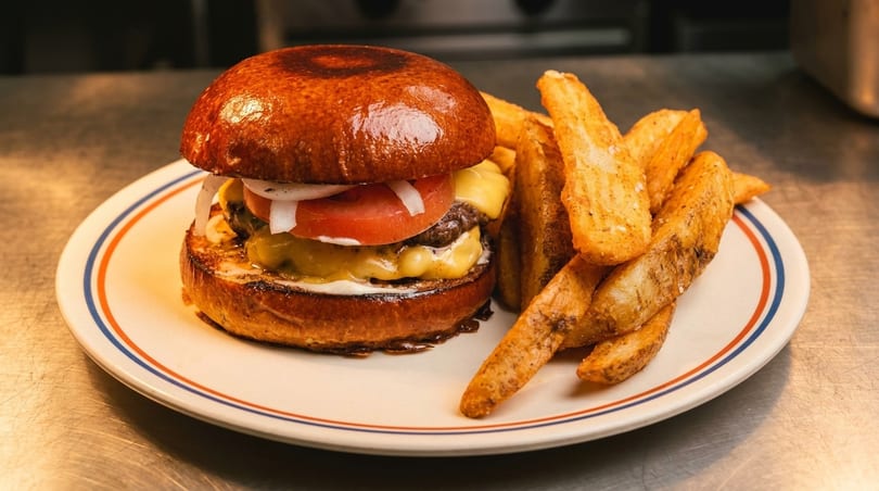 Cheeseburger with tomato, onion, and melted cheese, served with a side of seasoned potato wedges.